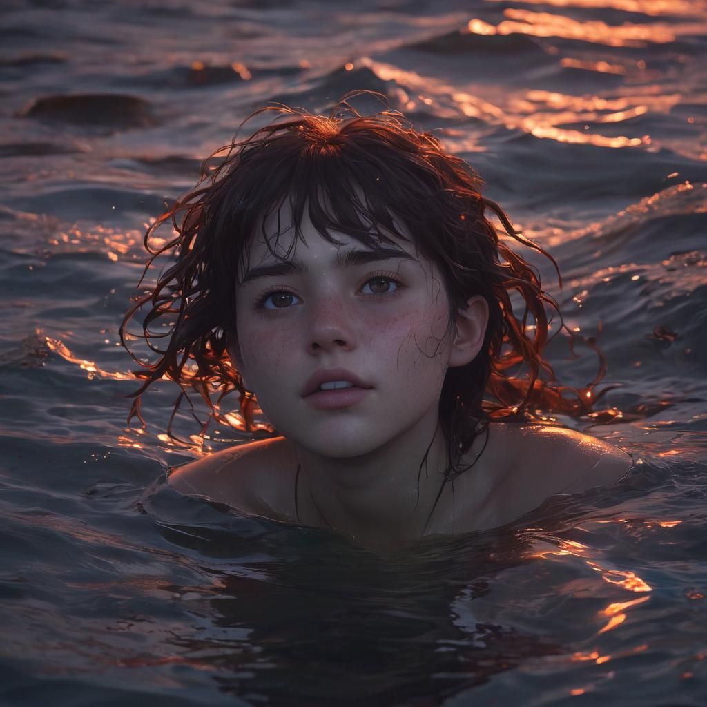 Anime Woman in Turbulent Bioluminescent Ocean