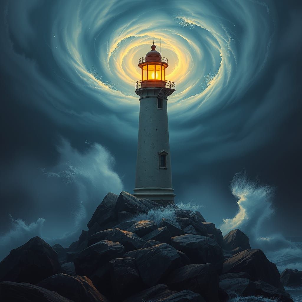 Lighthouse Amidst Swirling Vortex of Mist and Sea Spray