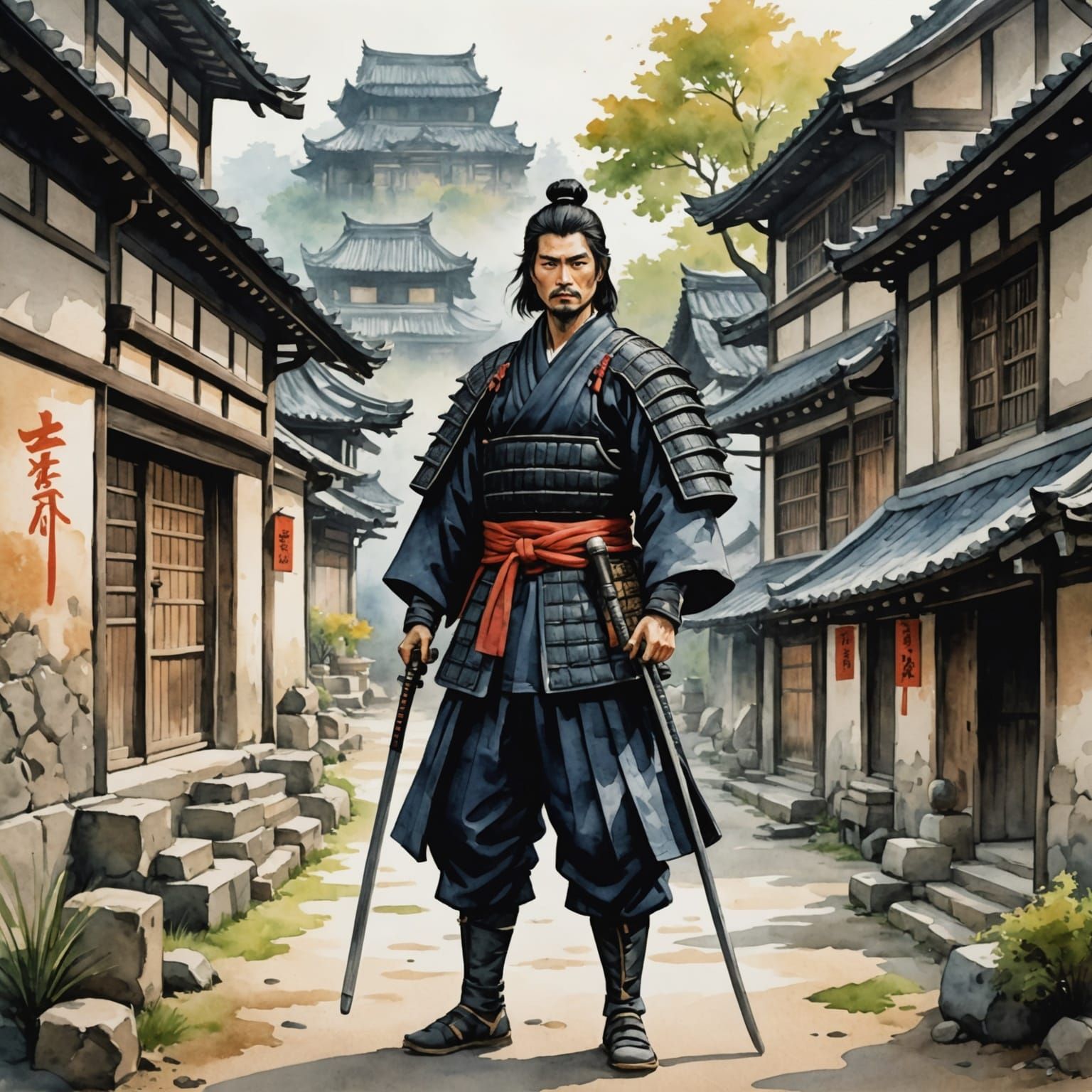 Samurai in Ancient Village Watercolor