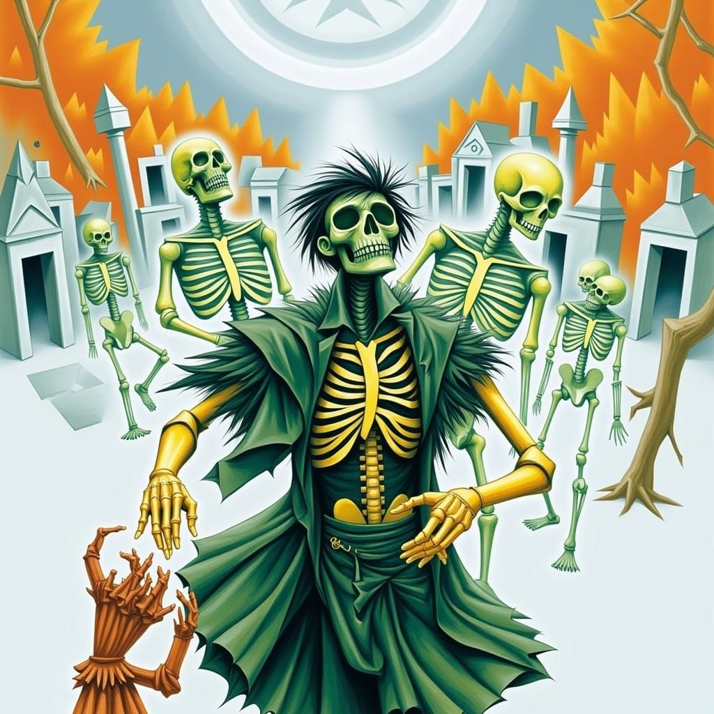 Cubism Skeletons Dance in Graveyard Scene