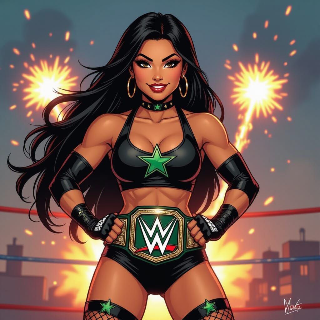 Latina Wrestler with Championship in Comic Book Style