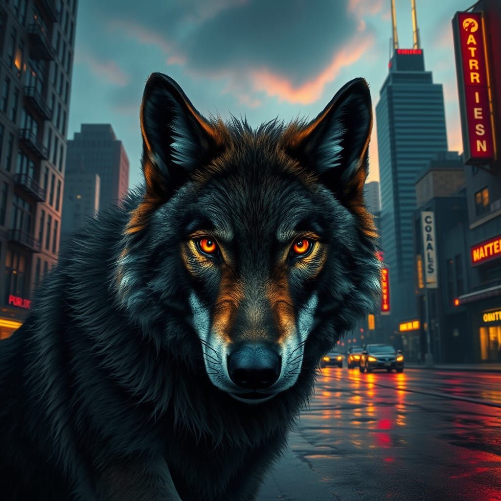 Wolf's Gaze Amidst Neon Cityscape