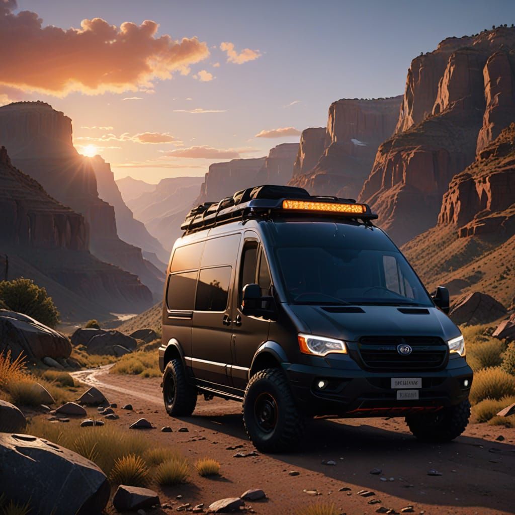 Rugged Matte Black Van Overlooks Grand Canyon at Sunset