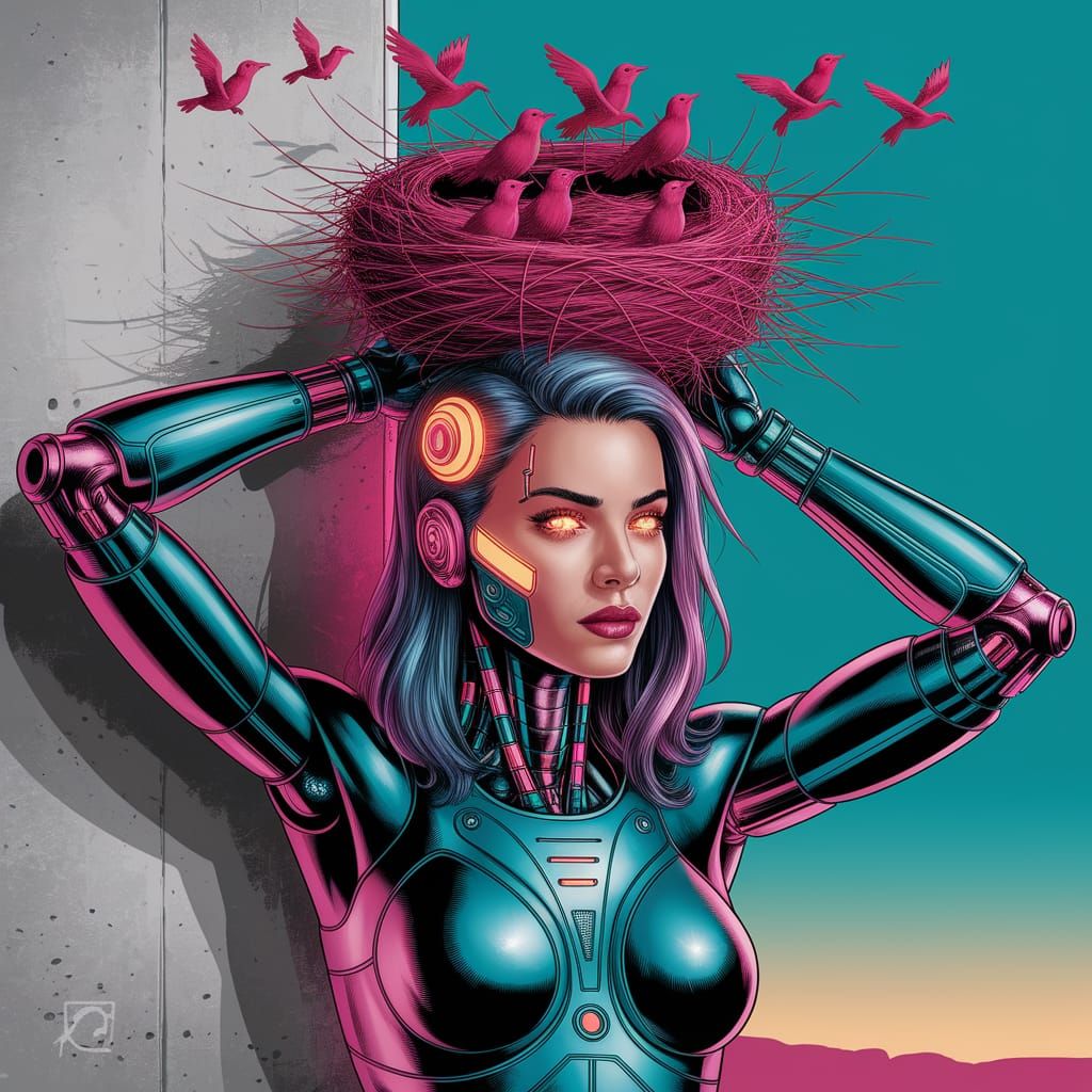 Cybernetic Woman with Birds, Pulp Comic Aesthetic