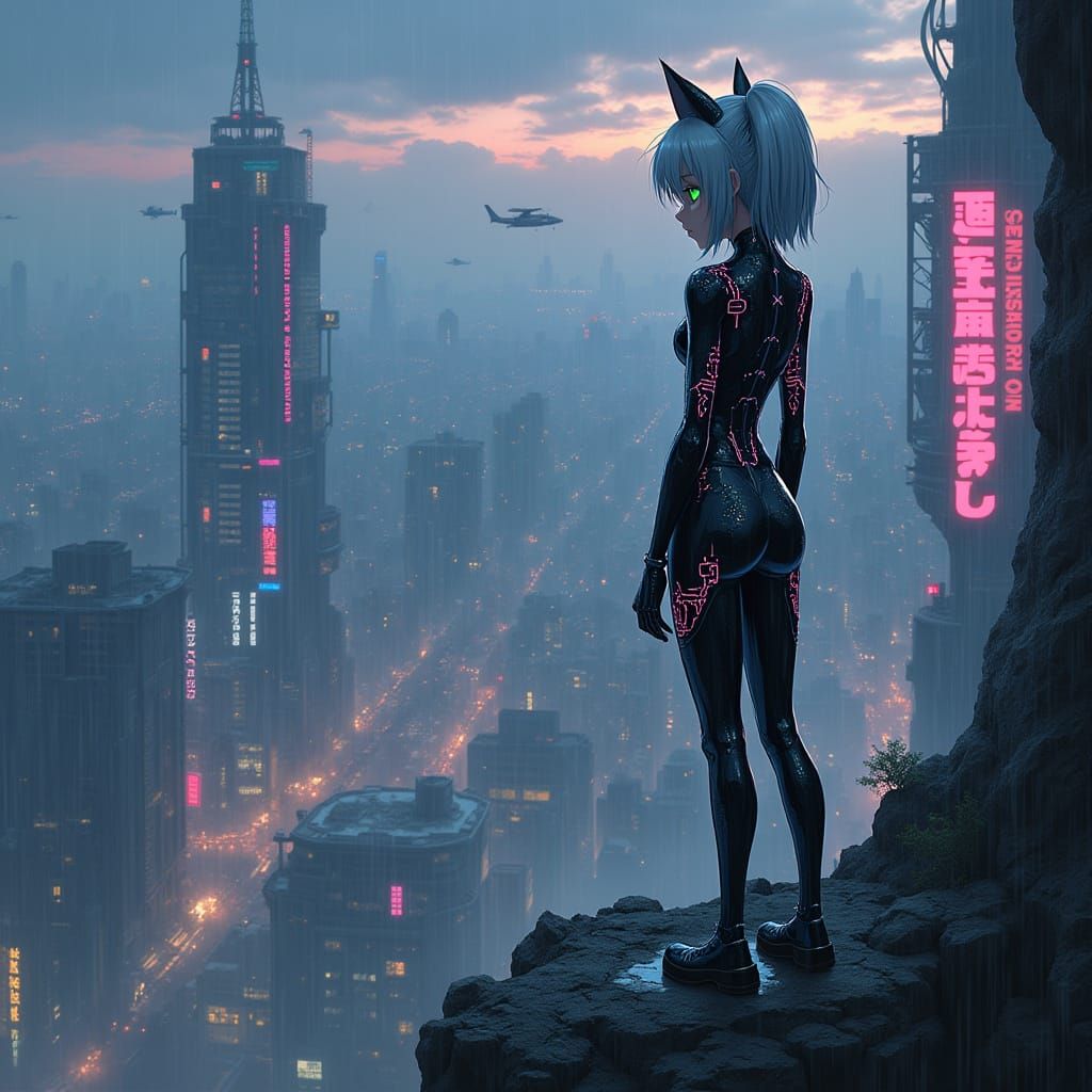 Cyberpunk Catgirl Dominates Futuristic Metropolis
