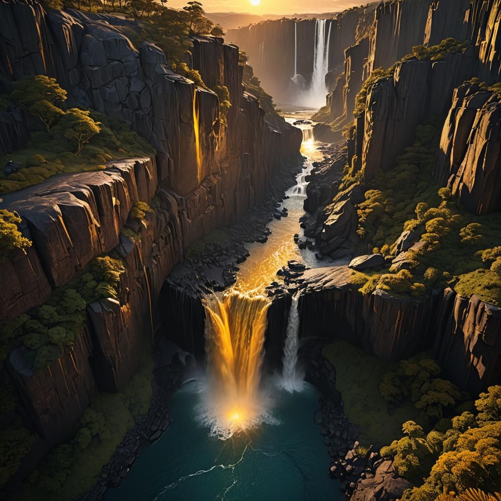 Majestic Waterfall Sunset: Fantasy Concept Art