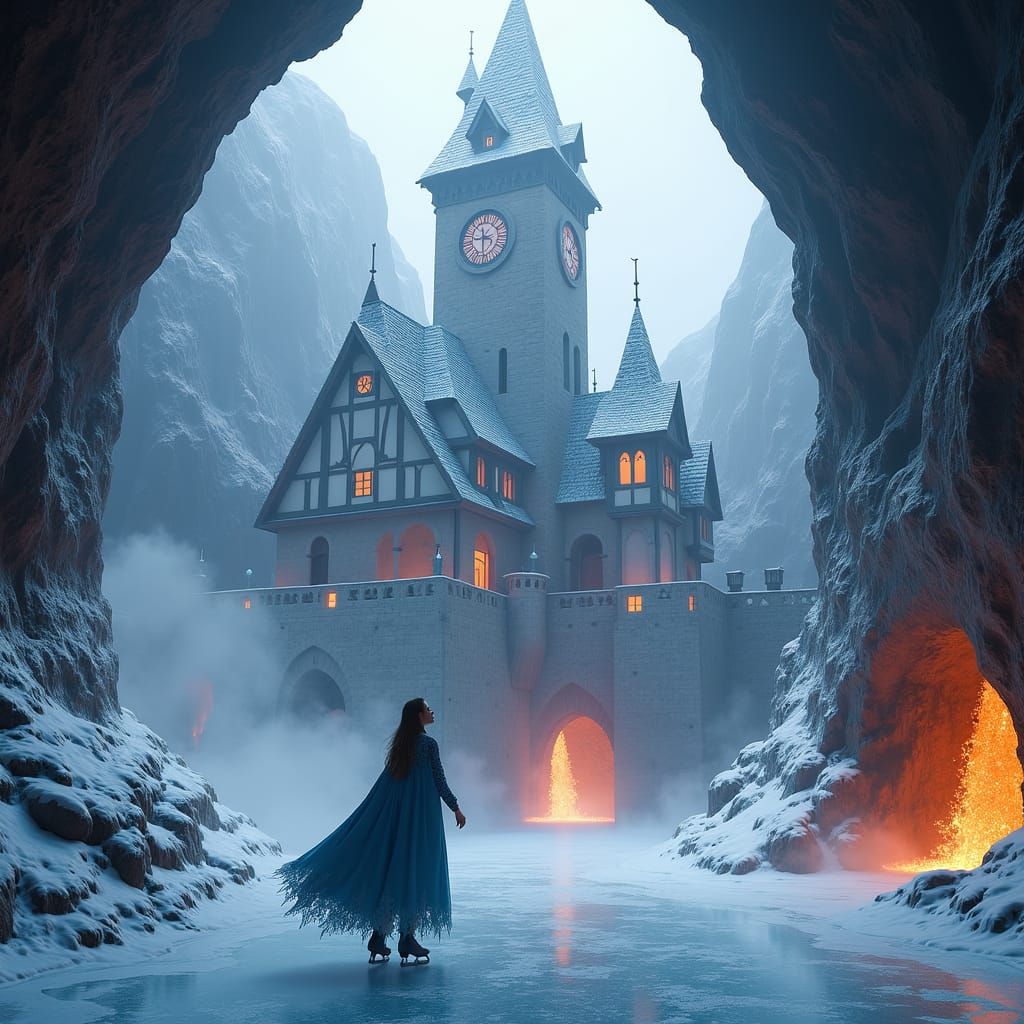 Fantasy Ice Skating Scene Inside Volcano