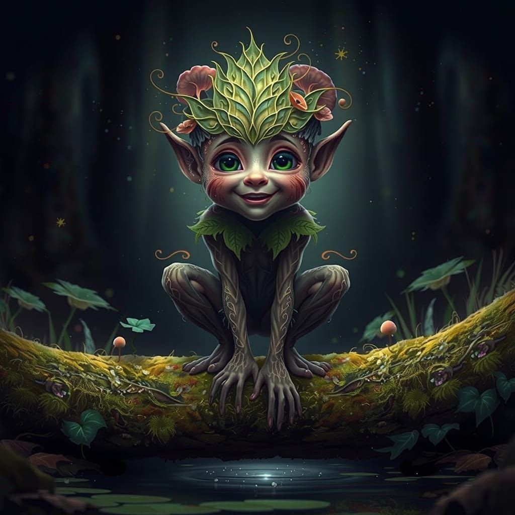 Enchanted Forest Sprite Laughing by Pond, Fantasy Art