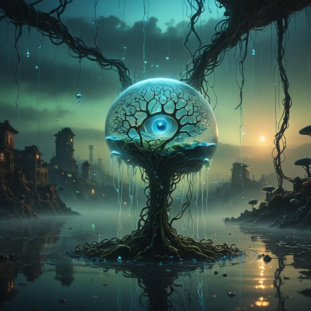 Surreal Bioluminescent Brain in Glass, Mystical Art