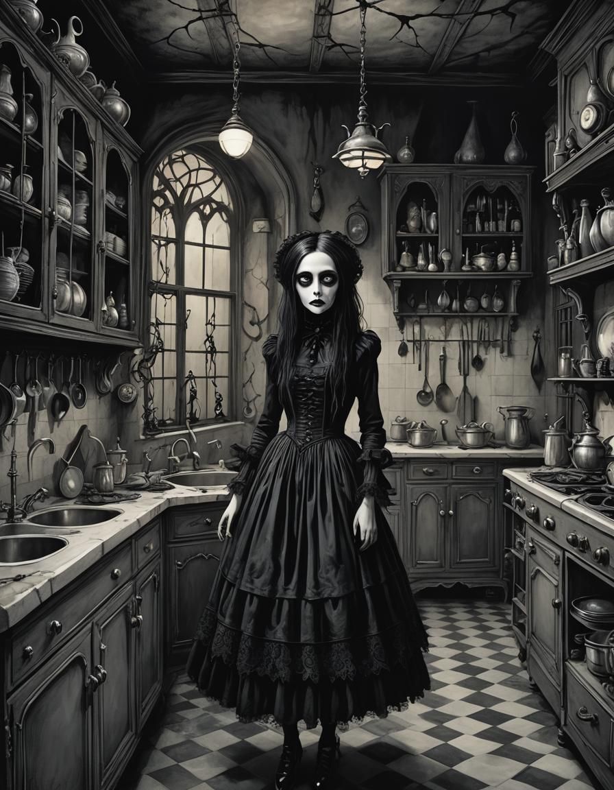 Gothic Woman in Creepy Kitchen, Tim Burton Style
