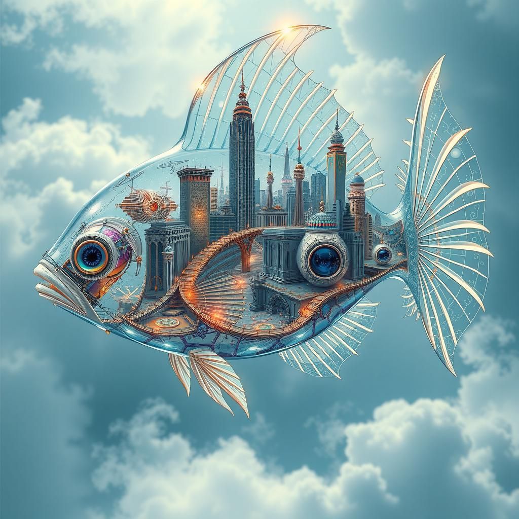 Surreal Fish City in Steampunk Cyberpunk Dreamscape