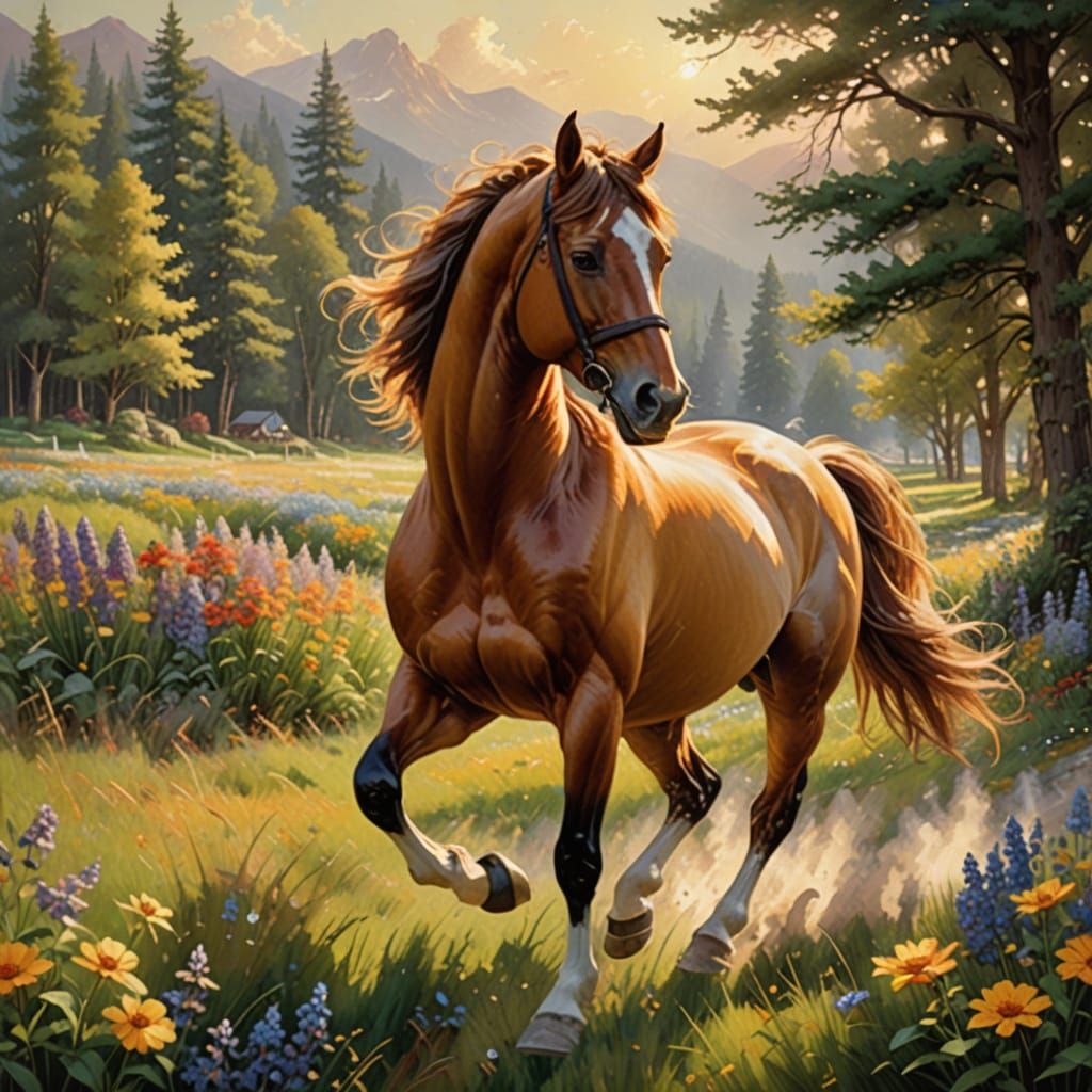 Golden Horse Galloping Across a Serene Impressionist Meadow