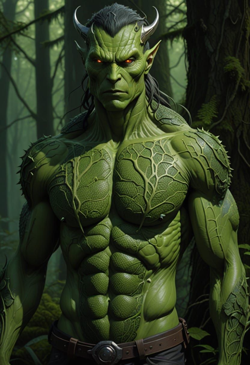 Hyperrealistic Reptilian Demon in a Misty Forest