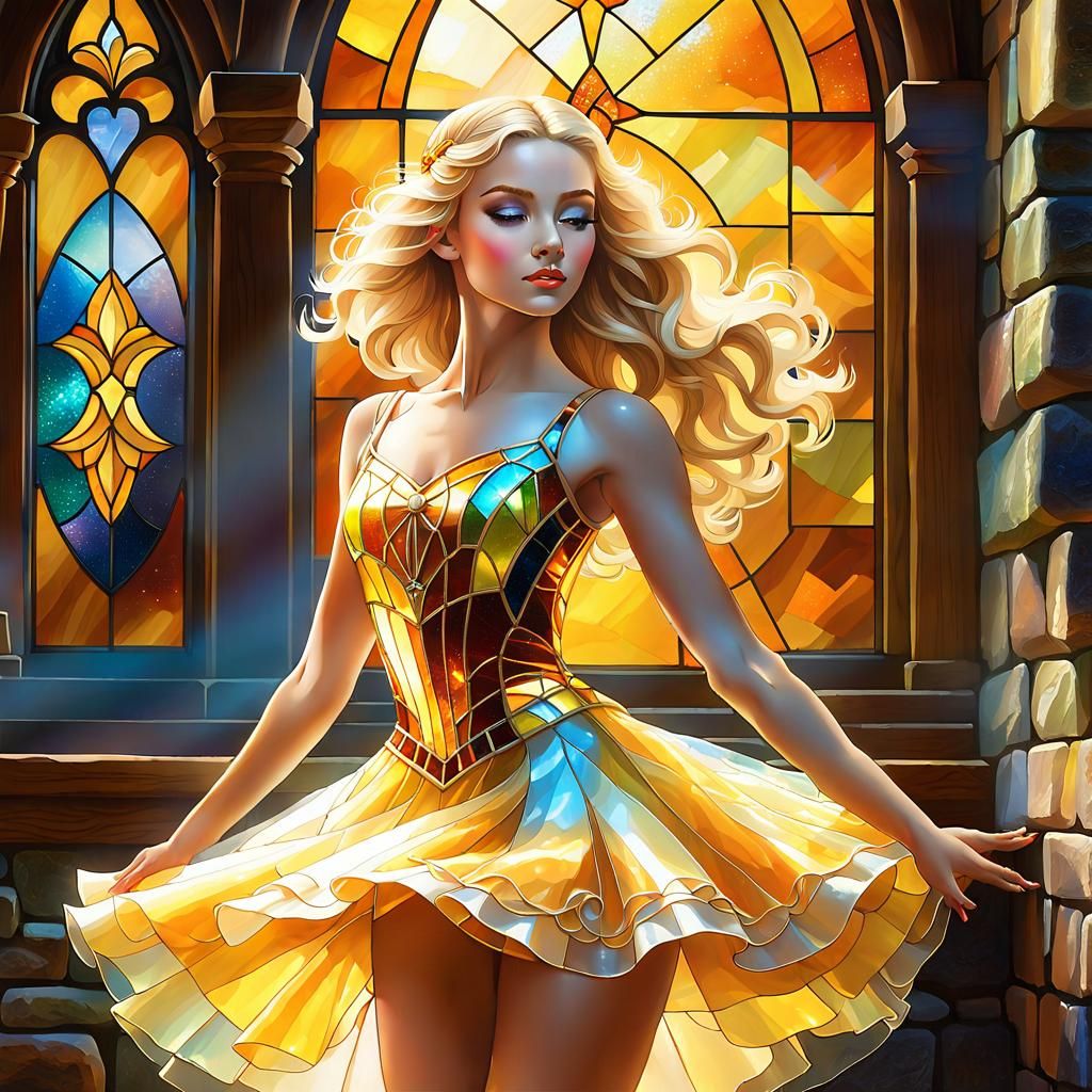 Beautiful Ballerina in a Yellow stained glass Dress