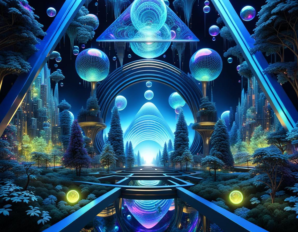 Futuristic Forest City with Neon Portal
