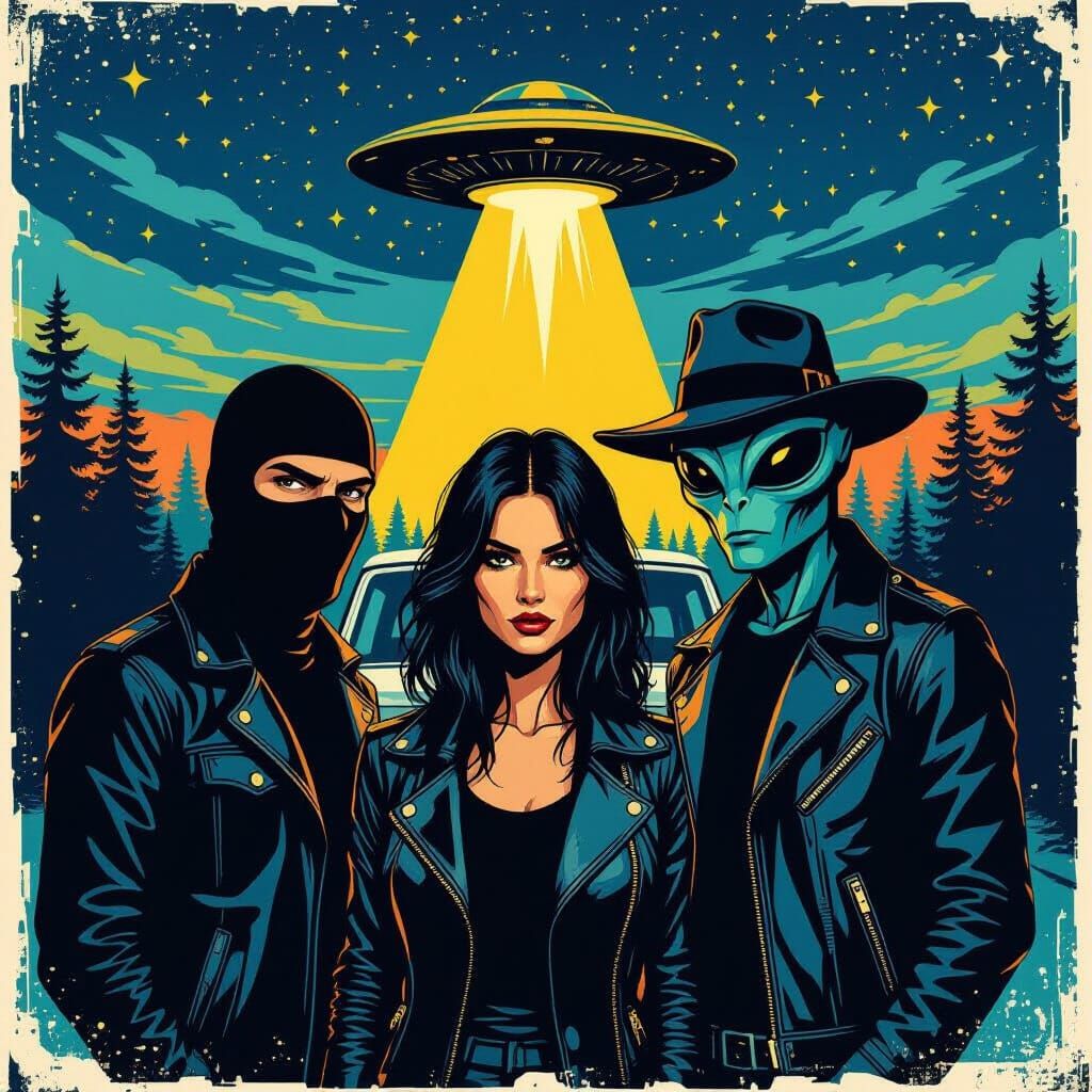 Balaclava Man, Black-Haired Woman, Alien in Leather Jacket w...