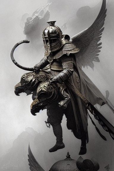 Winged Knight with Tiger Helmet in Mucha Style