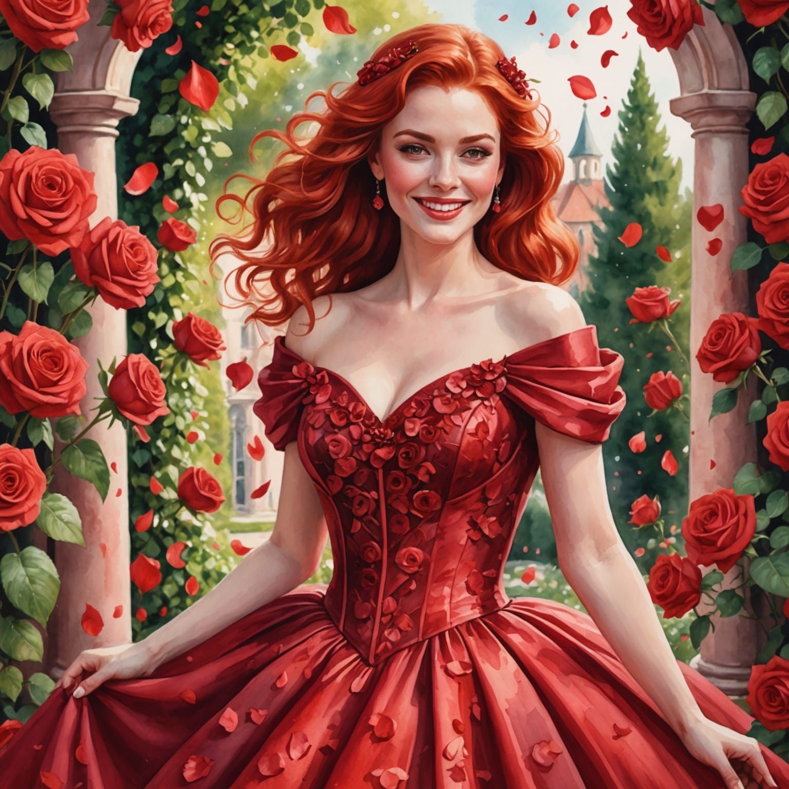 Red-Haired Woman in Red Rose Garden, Watercolor Style