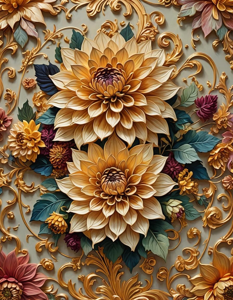 Baroque Victorian Dahlia in Impasto Gouache Style