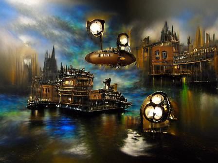 Steampunk Village Floating in Space: Hyperrealistic Art Deco