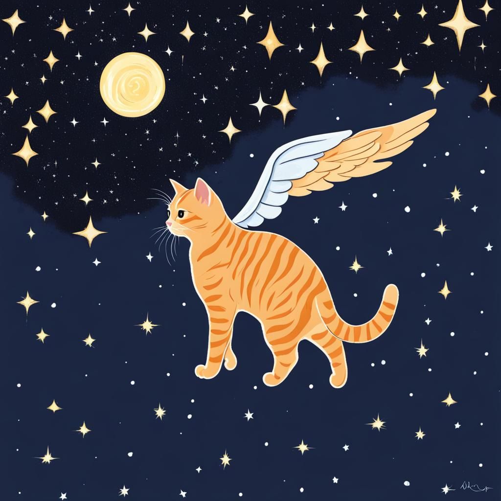 Orange Tabby Cat with Angel Wings Among Stars