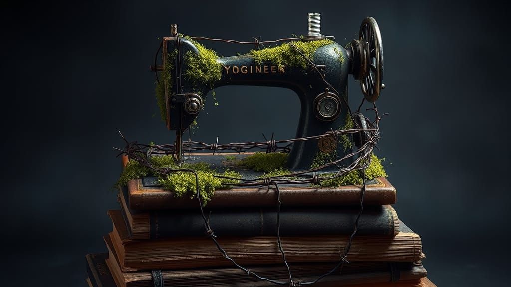 Surreal Sculpture: Moss-Covered Sewing Machine on Books