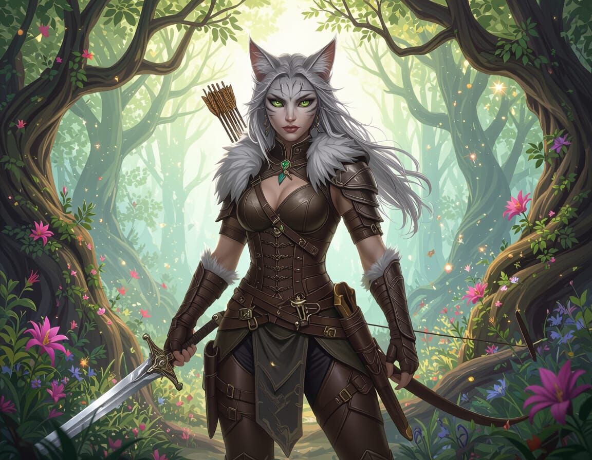 Feline Warrior in Enchanted Forest, Dark Fantasy Concept Art