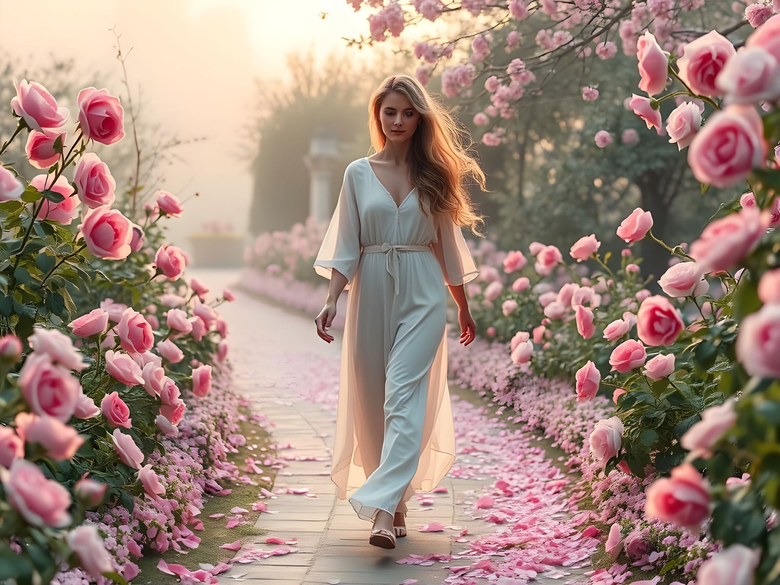 Ethereal Lady in a Morning Garden of Roses