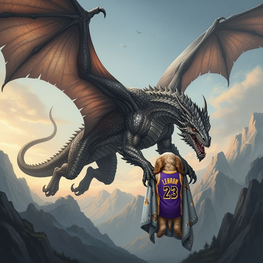 Dragon in Flight Over Mountains with Puppy