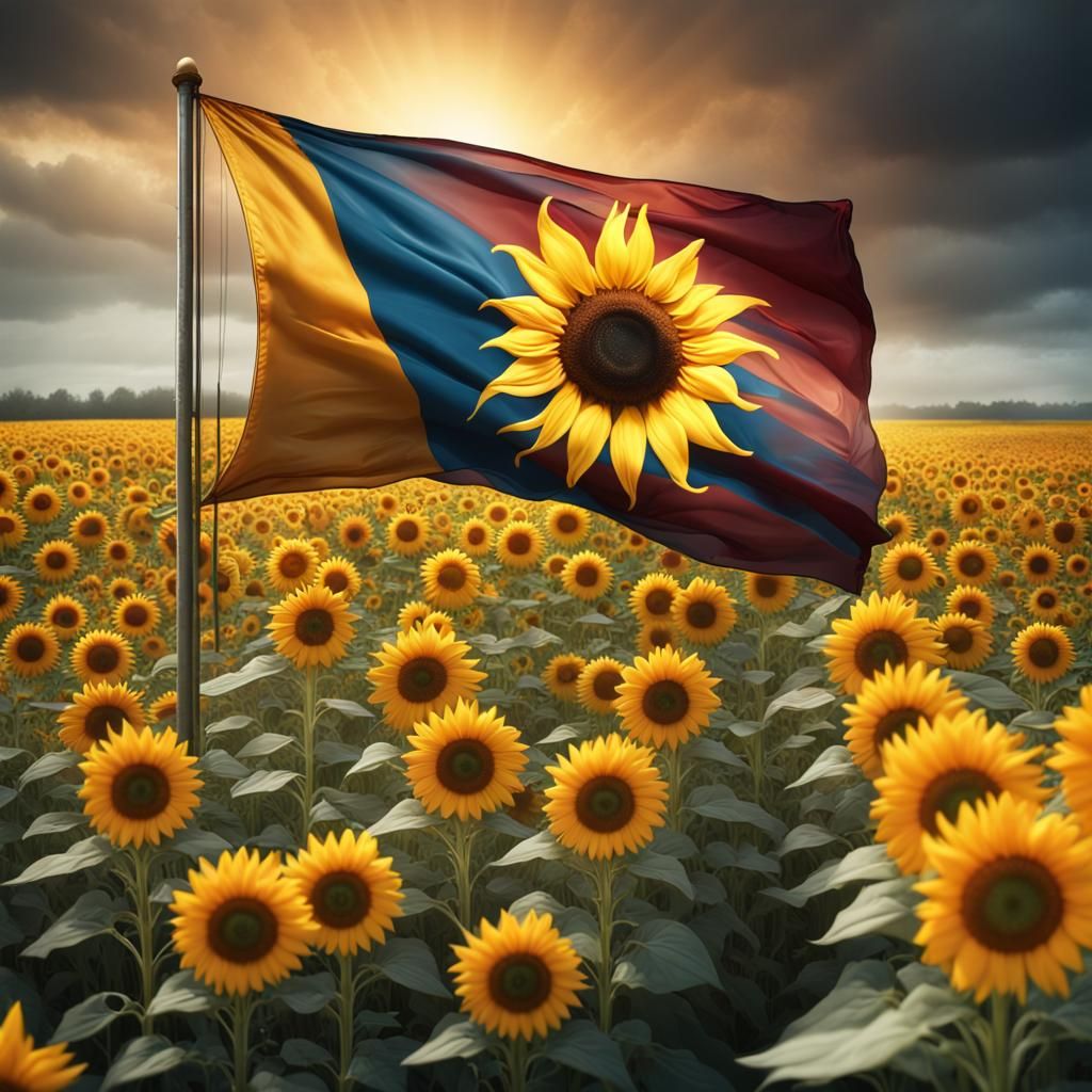 A flag with a sunflower motif flying over a field of sunflowers.