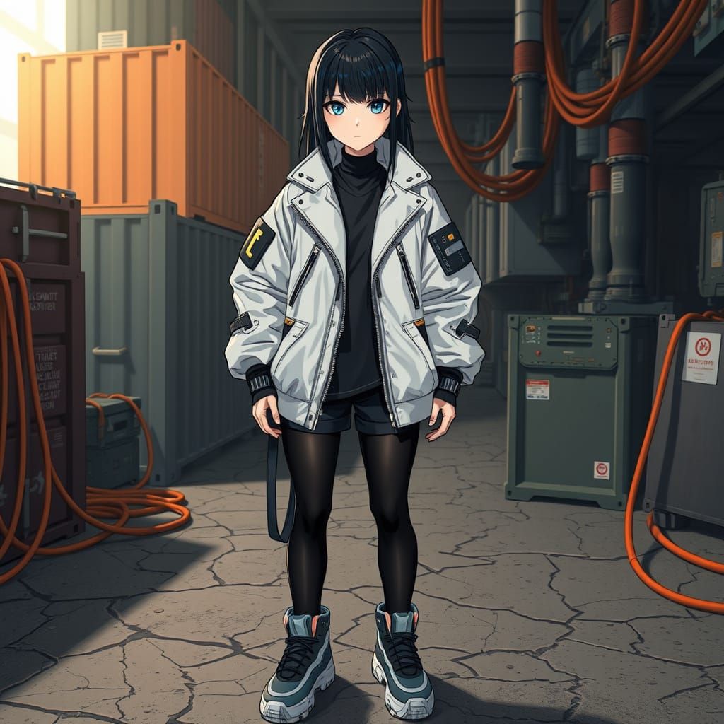 Anime Girl in Techwear on Urban Sci-Fi Scene