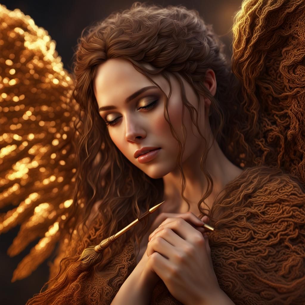 Woman Crocheting Afghan with Angel Wings, Detailed Matte Pai...