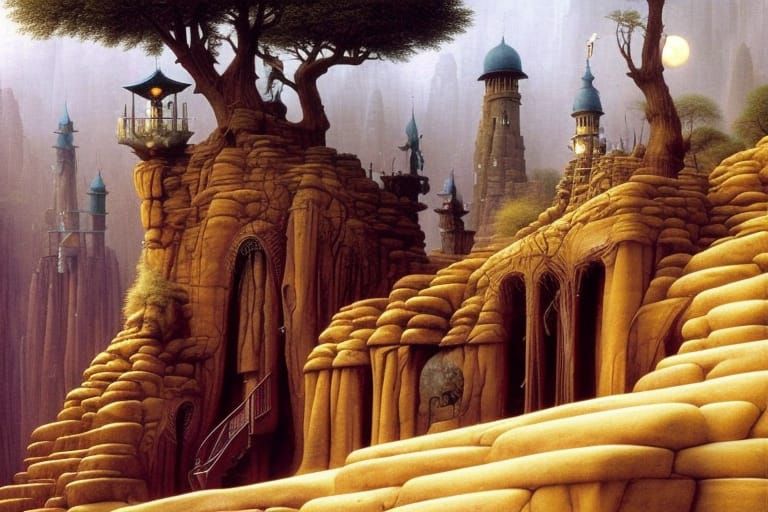 Surreal Cliff Dwelling Landscape at Night