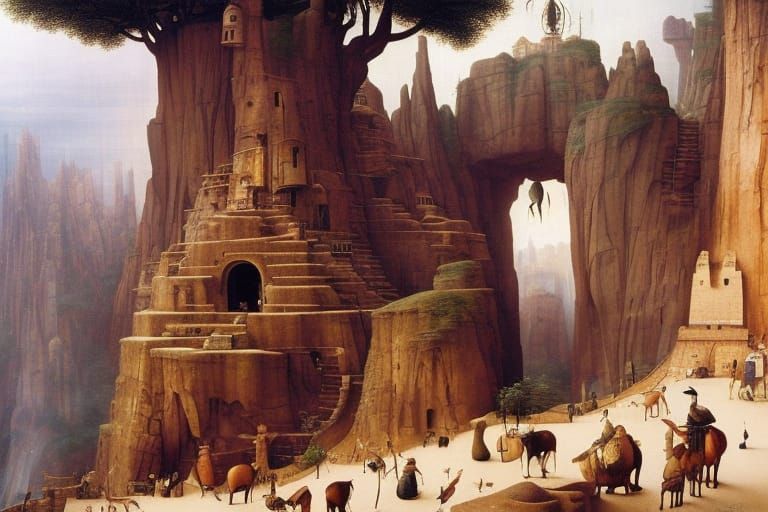 Fantastic Cliff Dwelling with Moon, Digital Matte Painting