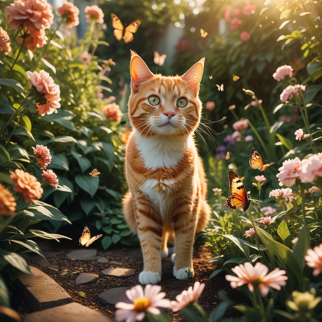 Ginger Cat in Flower Garden at Golden Hour