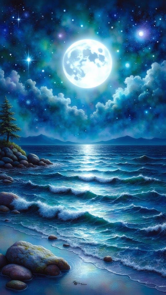 Seascape with reflections, night-time, moon light, Hyperdetailed bokeh in airbrush art, pastels pencil sketch pixel...