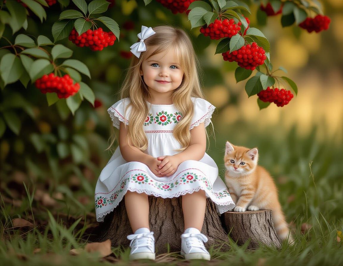 Cute Baby Girl in Khokhloma Dress with Kitten