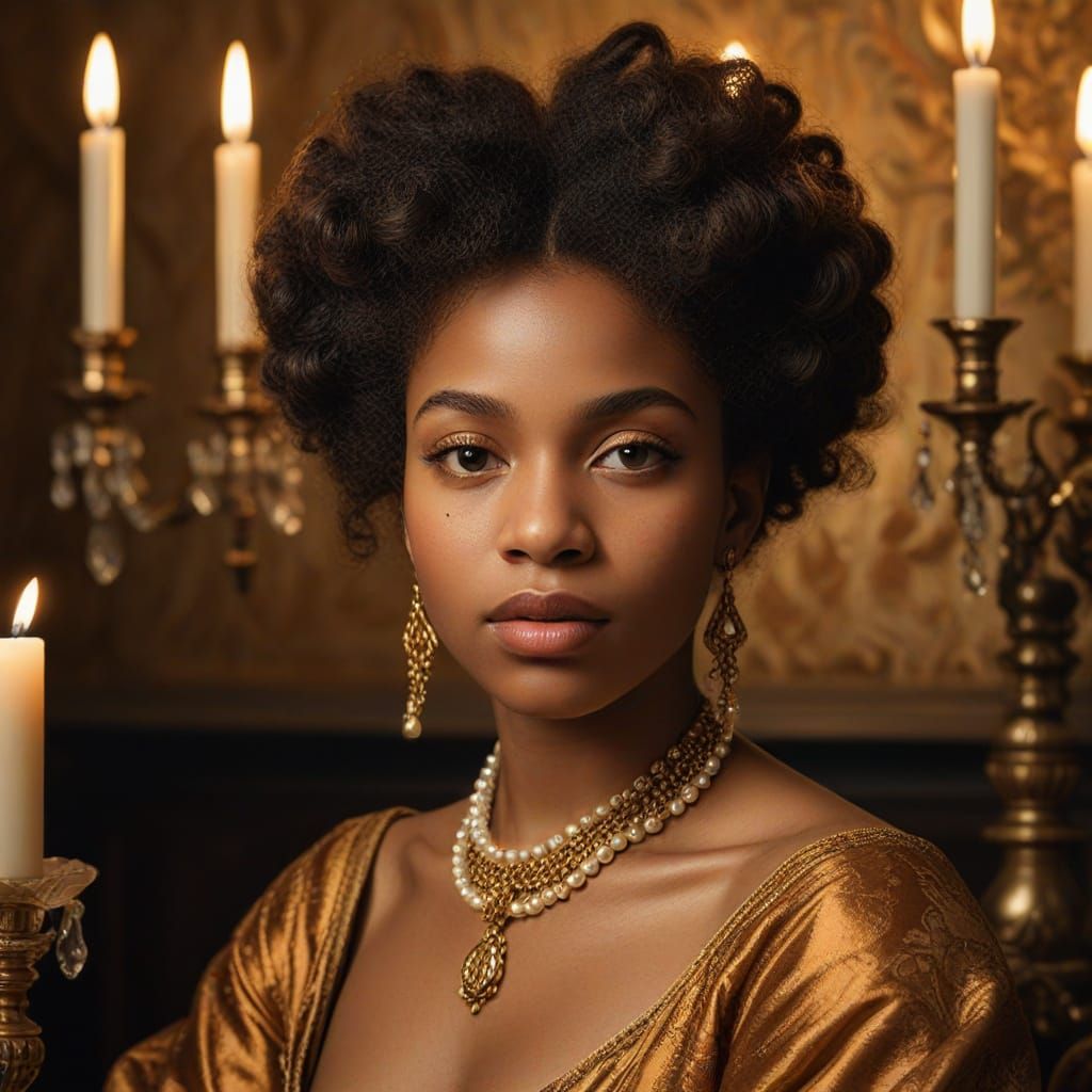 A Luxurious Baroque Portrait of a Black Woman in Golden Sple...
