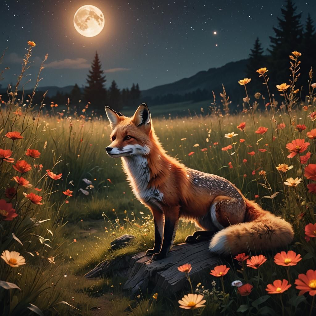 Fox in Moonlit Meadow with Glowing Wildflowers