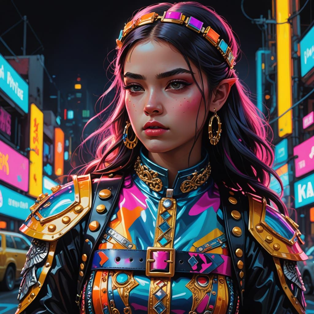 Rebellious Princess in Vibrant Polychromatic Oil Gouache