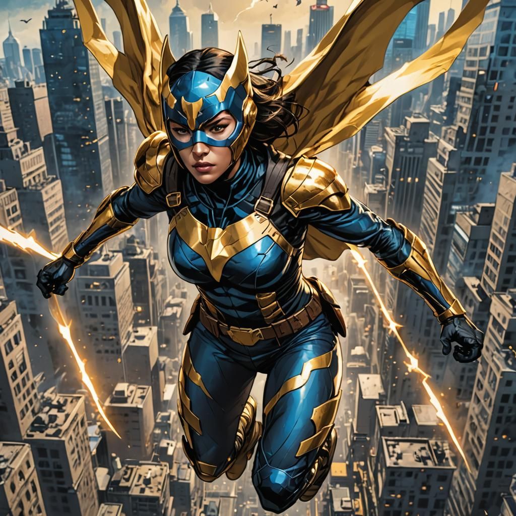 Huntress Soaring Over City in Comics Style