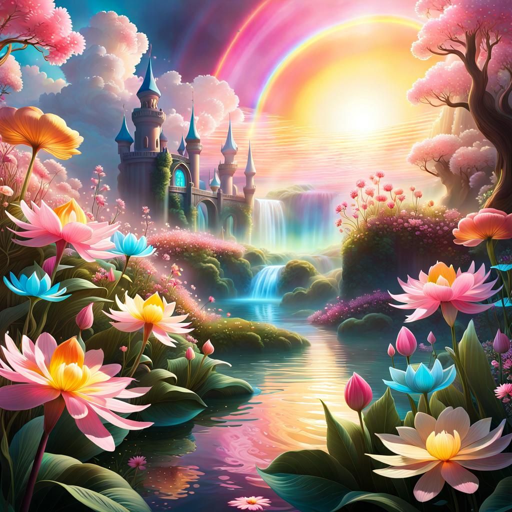 Translucent Mythological World Under Rainbow Sky