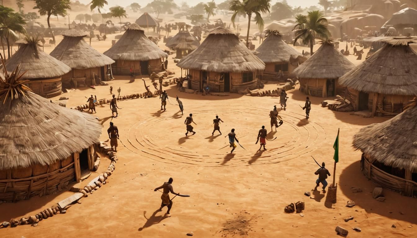 Surreal Nigerian Village Scene with Dambe Fighting Ring
