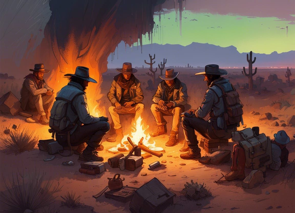 Cowboys at Dusk in Mojave Desert Fantasy