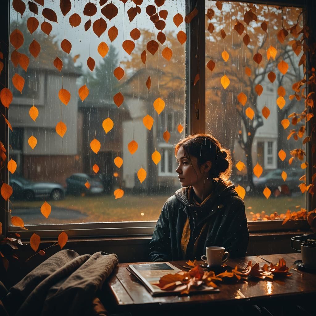 Cozy Autumn Evening Rain, Cinematic Film Still