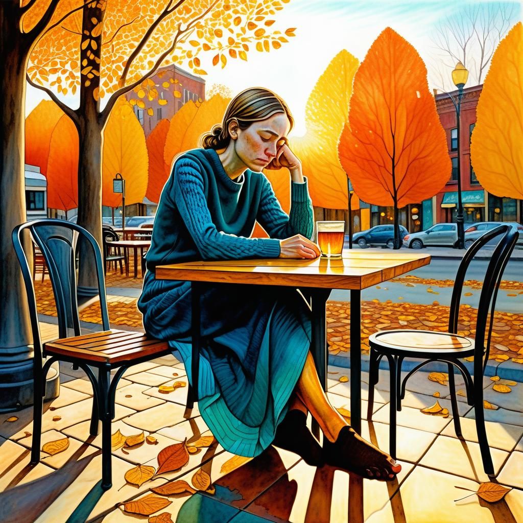 Melancholy Woman in Autumn Cafe: Colorful Painting