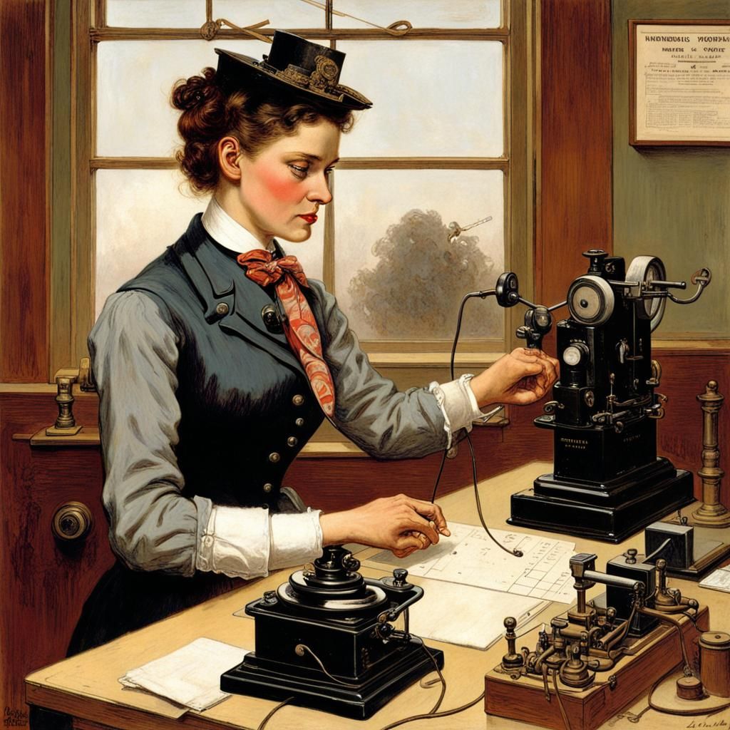 1880s telegraph operator sending morse code by Norman Rockwell