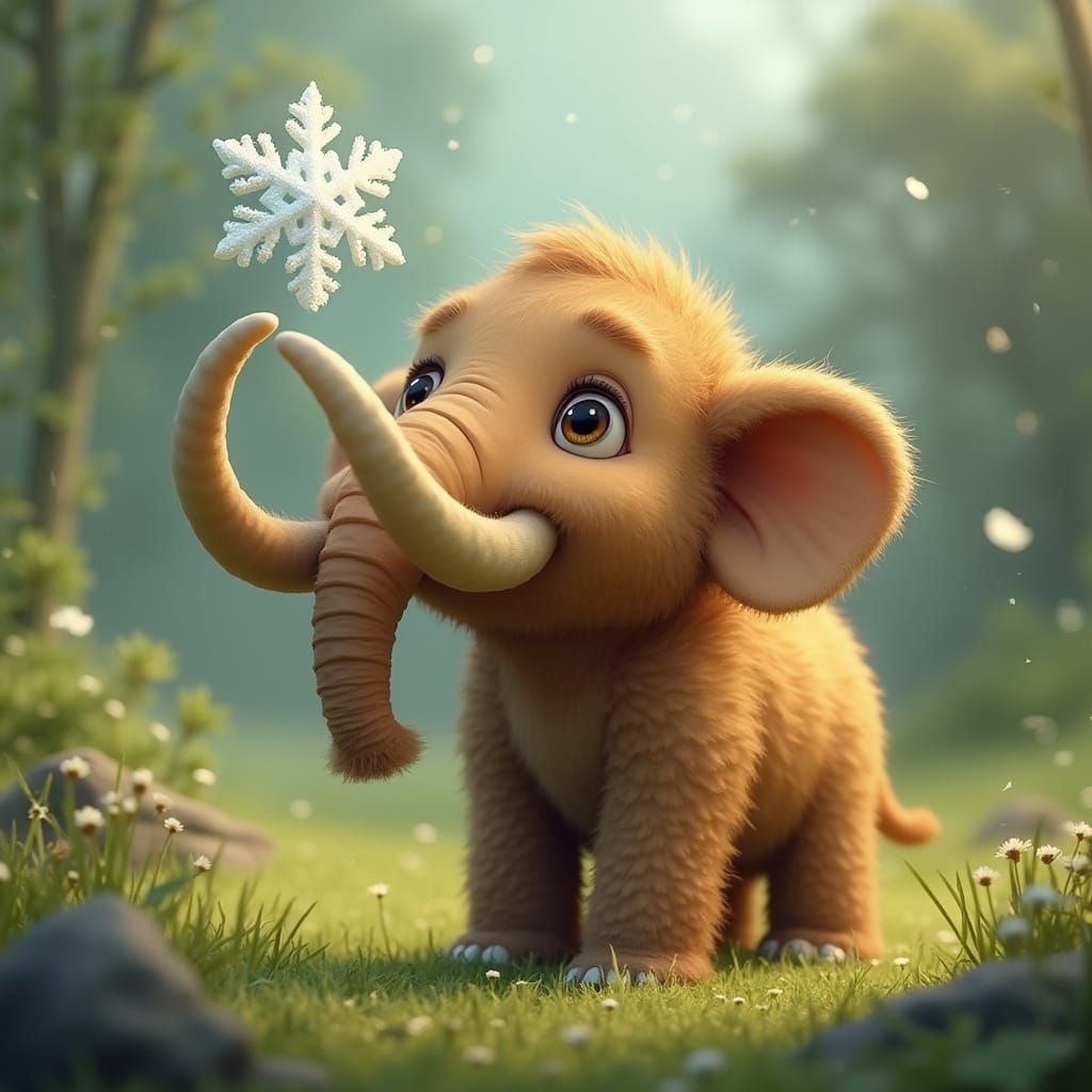Adorable Baby Mammoth and First Snowflake in Digital Art