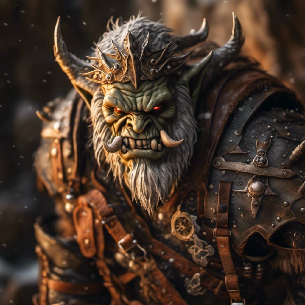 Hyperrealistic Grey Orc Warrior in Snowy Mountains