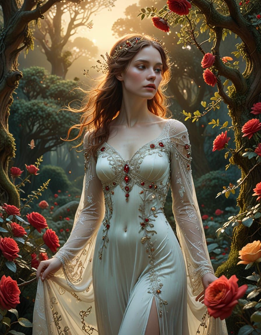 Ethereal Goddess in Lush Garden Scene